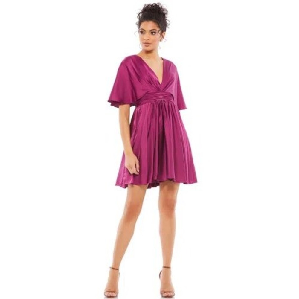 Mac Duggal 26605 Magenta Satin V-Neck Flutter Sleeve Pleated Mini Dress Purple